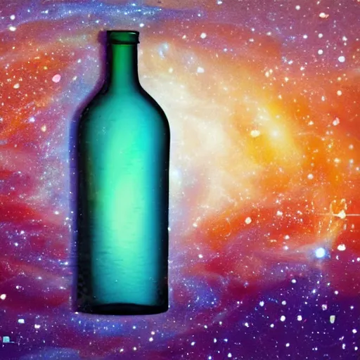 Prompt: there is a bottle, the bottle contains within it the universe itself