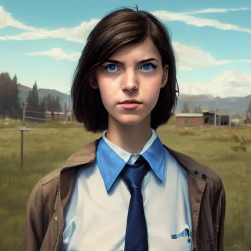 Image similar to portrait of a brunette thin teenager girl with blue eyes wearing school uniform in fallout, light stubble, digital art,photorealistoc,art by greg rutkowski,hyperdetailed,western comic style,comic,comic style,sharp lineart,professional lighting,deviantart,artstation,trevor henderson,rossdtaws,cinematic,dramatic