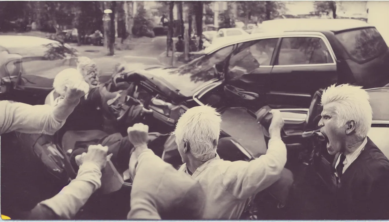 Prompt: old, polaroid picture of old white haired man yelling and throwing hands at suv very detailed, 8 k
