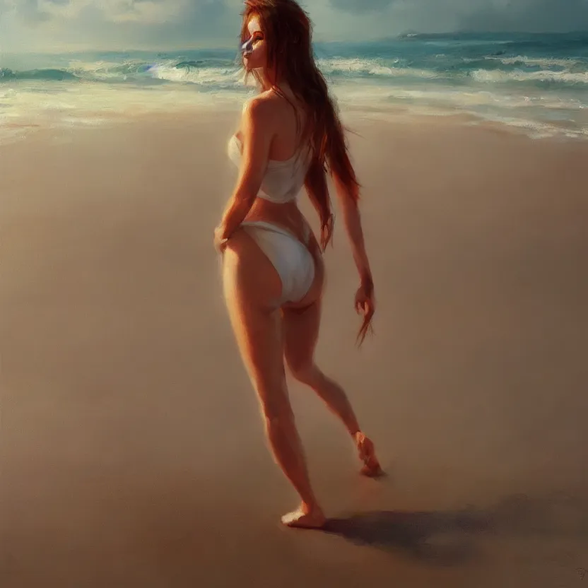 Prompt: Expressive painting of one fully-clothed girl standing on the beach, beautiful lighting, digital art by Krenz Cushart, trending on artstation