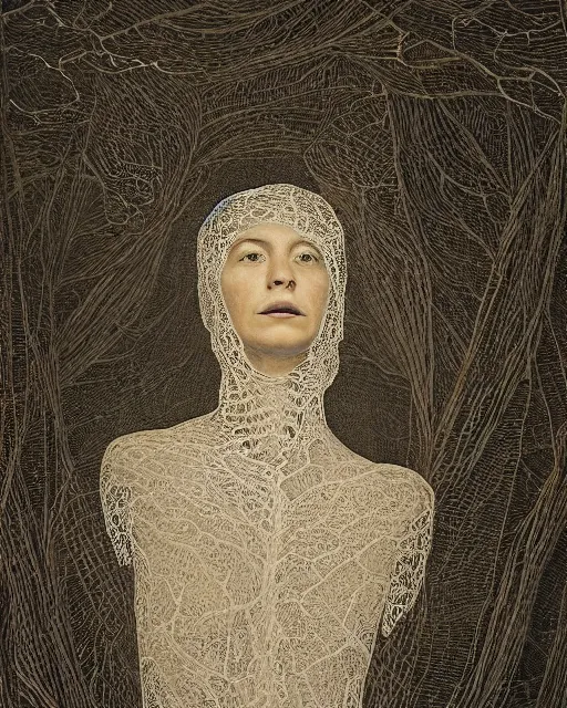 Image similar to a woman standing at the mouth of a cave, made of intricate decorative lace leaf skeleton, in the style of the dutch masters and gregory crewdson, dark and moody