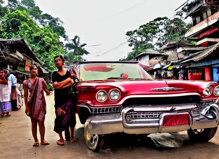 Prompt: a couple are in a chevrolet impala at kamakhya temple, guwahati city ; headlights of a car shine on a strange canyon road, she looks at him with a strange look in her eyes, it's the dead of night, in a distance the lights of a city light the night's sky