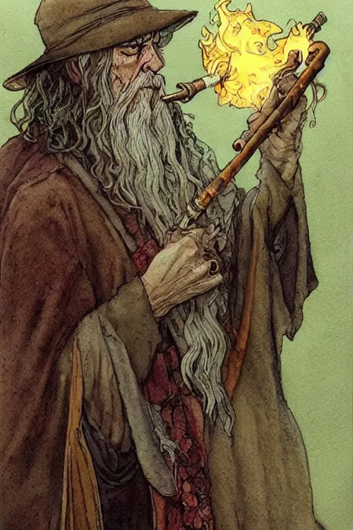 Image similar to a realistic and atmospheric watercolour fantasy character concept art portrait of ( ( ( gandalf ) ) ) with bloodshot eyes smoking a pipe looking at the camera with a pot leaf nearby by rebecca guay, michael kaluta!!!!!!, charles vess and jean moebius giraud!!!!!