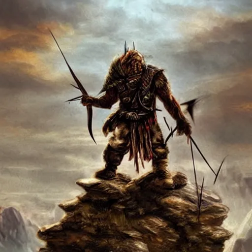 Image similar to lonely ork warrior struck by an arrow in the shoulder, bleeding, tired, desolated mountains in the distance, cloudy and atmospheric with a touch of sunlight coming through, realistic, tolkien world