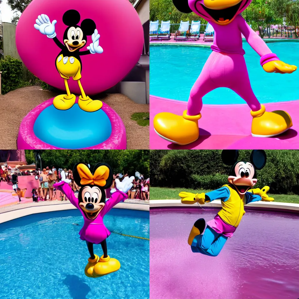 Prompt: goofy from Disney jumping into a pool of pink water