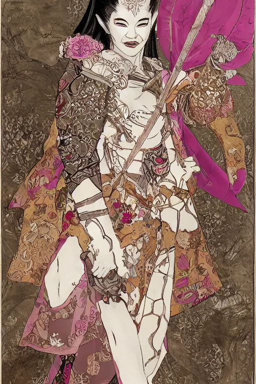 Prompt: full - bodied portrait, female changeling in floral - patterned eastern light armor, wielding a decorated halberd, barefoot in sandals, noh theatre mask, mischievous, capricious, energetic, provocative, seductive, realistic proportions, reasonable fantasy art, in the style of dnd illustrations, pathfinder, ttrpg.