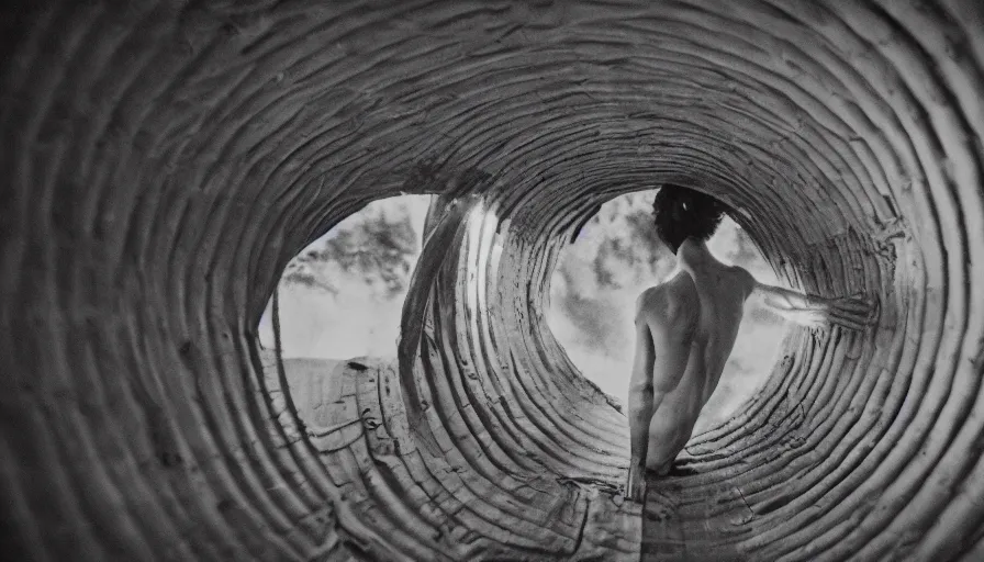 Image similar to 1 9 7 0 s movie still of a man in a barque in a fleshtunnel, leica sl 2