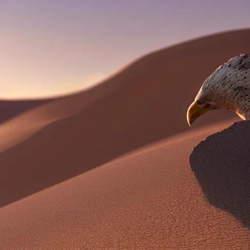 Image similar to a picture of a desert eagle with a backdrop of a desert and an eagle on the top of a sand dune, 8k, ultra realistic, unreal engine 6