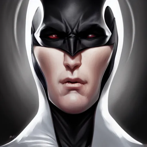 Image similar to characters portrait of MoonKnight mixed with Batman by ArtGerm and Tom Bagshaw, merged character, Full Body, 4k, highly detailed, cinematic lighting