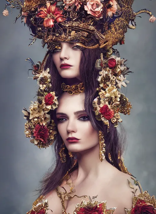 Image similar to expressive full body photo of a female model, ornate headpiece made from flowers, ornaments, glamour shot, by karol bak, by stefan gesell, photorealistic, canon r 3, fashion photography, detailed and intricate, perfect body shape, hyper maximalist, elegant, ornate, luxury, elite, environmental portrait, symmetrical features, octane render, unreal engine