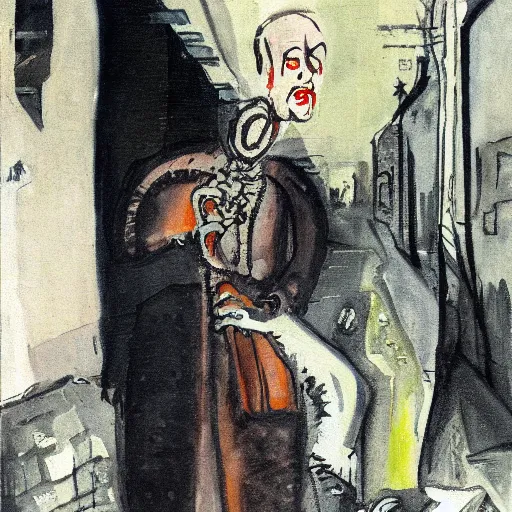 Image similar to queen elizabeth painted as a beggar in a dark forbidding alleyway by george grosz