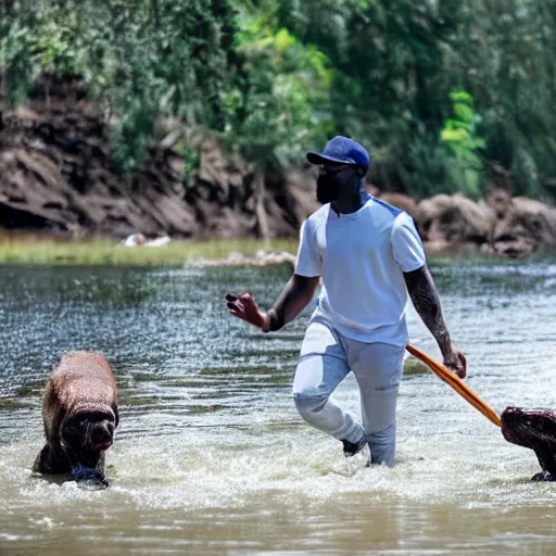 Image similar to DaBaby walking into river full of crocodiles riding a giant baseball cap