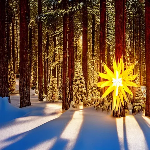 Image similar to snowflake in front of pinetree forrest behind moose, realistic, golden hour, hdr lights