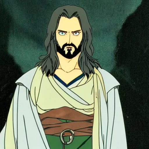 Image similar to aragorn from the anime lord of the rings (1986), looking serious, some beard, studio ghibli, very detailed, realistic