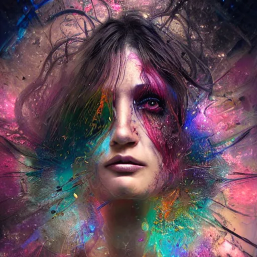 Image similar to Gorgeous woman screaming in a fantastical wonderland, highly detailed, half glitched and fractal face, cinematic, 8k, by Stanley Artgermm, Tom Bagshaw, Greg Rutkowski, Carne Griffiths, Ayami Kojima, Beksinski, Giger, trending on DeviantArt, hyper detailed, full of color, digital art,