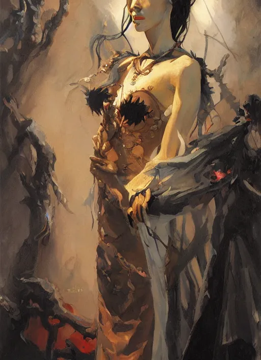 Image similar to a highly detailed beautiful portrait of an evil necromancer woman, fantasy, by gregory manchess, james gurney, james jean