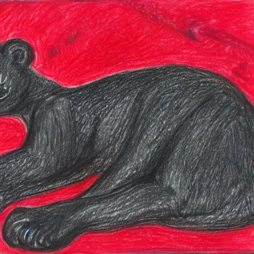 Prompt: drawing of a cubs sleeping in wet black oil, red ballpoint pen, outsider art style