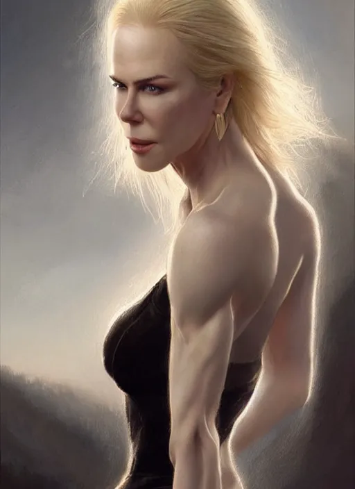 Image similar to girl looks like nicole kidman with pale white skin and long blonde hair, muscular upper body, beautiful highly detailed face, complementary lighting, backlit, black eyeshadow, dark eyes, adventure, dramatic lighting, landscape background, beautiful painting by artgerm and greg rutkowski and raymond swanland