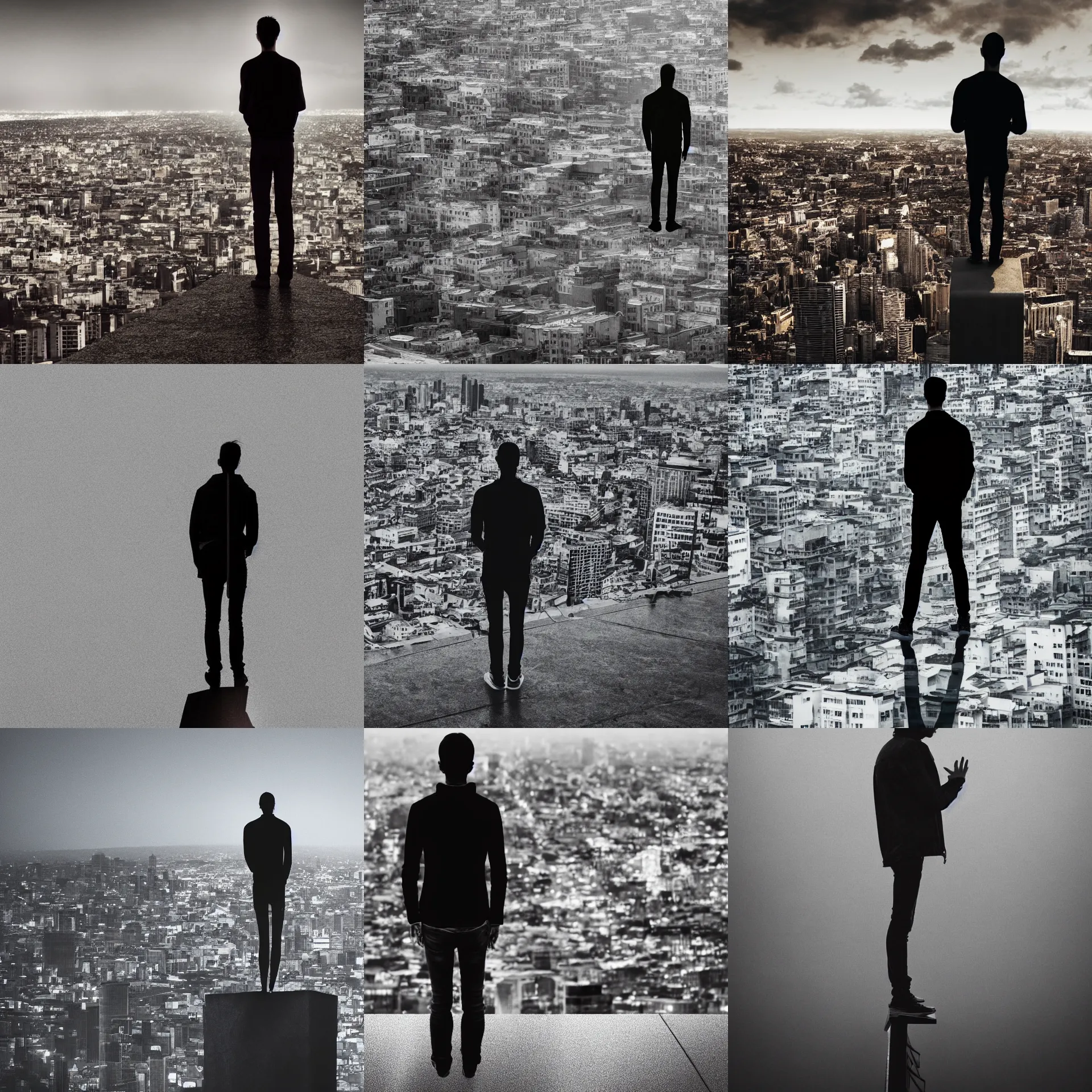 Prompt: close up to a skinny, gaunt, sad man standing at the edge of a very high building, looking at the city, crying, dramatic lighting, digital art, hard shadows