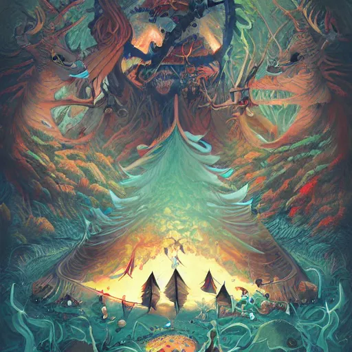 Prompt: a poster design of a camping music fest, Highly detailed labeled, poster, peter mohrbacher, manga design