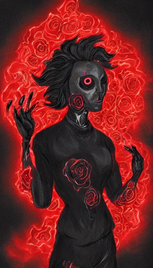 Image similar to Woman made of black flames, wearing a strict business suit, with no face, with glowing red eyes, with a red halo over her head, with red halo glowing out of her wrists, looking off to the side, growing out of a giant rose, rose petals flying in the wind, war, authoritarian, tense, digital painting, artstation, indieground, madness combat, strong dramatic cinematic lighting , blood red sky, grey skin, smooth, sharp focus, extremely detailed, illustration, concept art, sharp focus, by Annie Swynnerton and Nicholas Roerich, Godmachine, alphonse mucha''