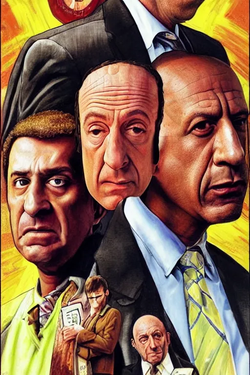 Image similar to drew struzan painting of saul goodman, mike ehrmantraut, kim wexler, and gustavo fring, hd, detailed, photorealistic, perfect likeness, 8 0 s movie poster, rim light