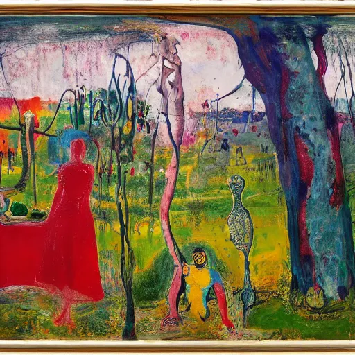 Prompt: a couple in the garden of eden, scared, painted by Asger Jorn, Peter Doig, abstract oil paint with thick brushstrokes of paint, ultra detailed, realistic, small spot of thick melting paint drips all over, 8k