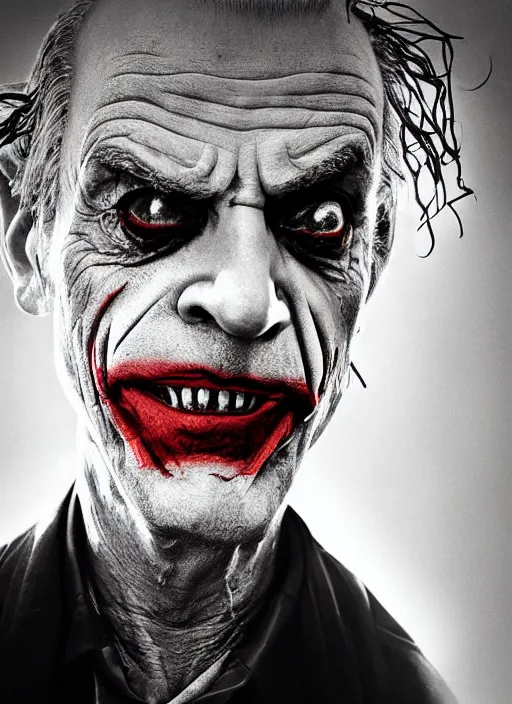 Prompt: photo of Christopher Lloyd as the Joker by Eolo Perfido and Lee Jeffries, frown, head shot, detailed, award winning, Sony a7R