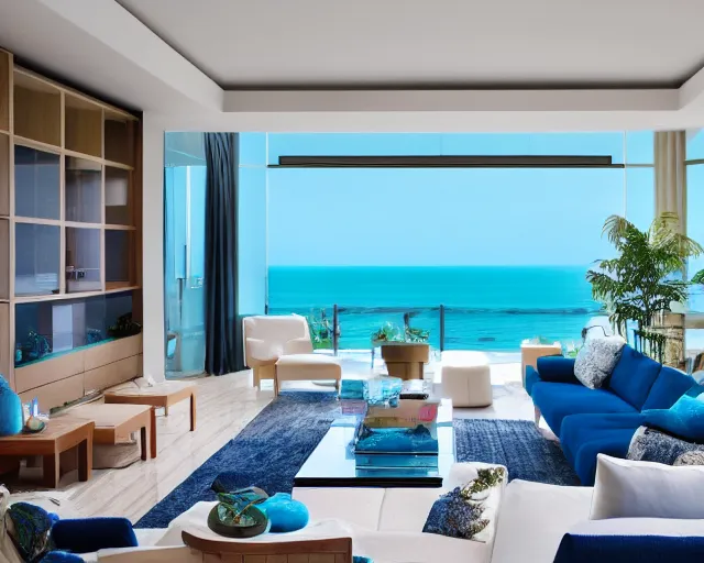 Image similar to A modern living room in a ocean hues style next to a big terrace overlooking the ocean, luxurious wooden coffee table in the center, inspired by the ocean, calm, relaxed style, harmony, wide angle shot, 8k resolution, ultra detailed