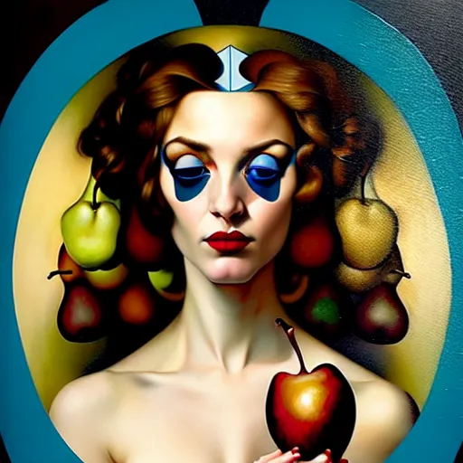 Prompt: dynamic composition, a painting of a nurse with blue eyes and brown hair looking at a pear , a surrealist painting by Tom Bagshaw and Jacek Yerga and Tamara de Lempicka, featured on cgsociety, pop surrealism, surrealist, wiccan, pre-raphaelite, ornate gilded details