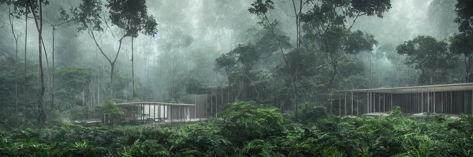 Prompt: modern architecture inspired by mies van der rohe deep in the rainforest. nature is taking over. matte painting in the style of craig mullins. mist. cinematic. octane render.