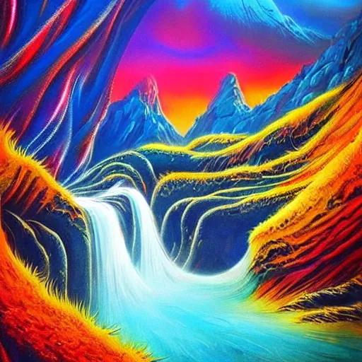 Prompt: fantasy art, abstract, beautiful mountains at the golden hour with waterfalls, psychedelic art, colourful, relaxing.