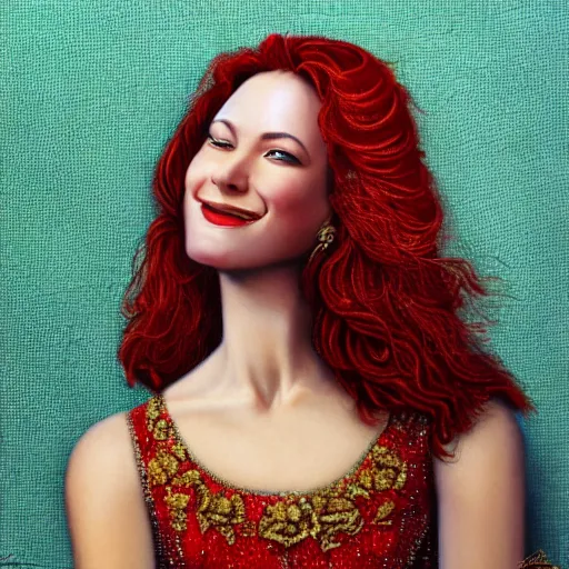 Image similar to Highly detailed painting of a beautiful young woman in front of a fabric background with red hair, smiling by Craig Mullins, Fabric texture, dress, gold details, gemstone, Golden thread, golden details, emeralds, intricate details, intricate patterns 4k, 8k, HDR