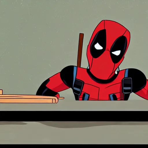 Image similar to movie still of deadpool as a pickle sitting on a workbench, high resolution, cartoon