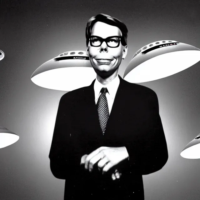 Image similar to a photo of bob lazar with a hangar full of flying saucers at area 5 1, detailed symmetrical face, photorealistic, highly detailed