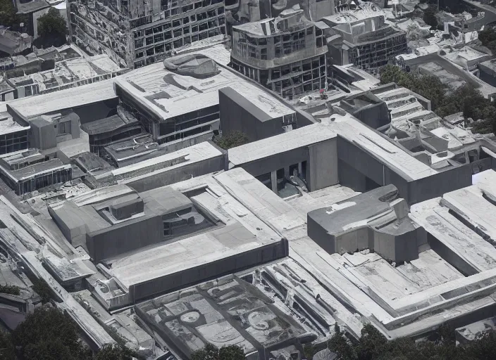 Prompt: a brutalist church, air view, futuristic