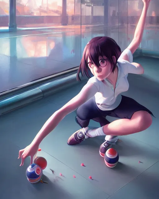 Image similar to a girl bowling, medium shot, visible face, detailed face, perfectly shaded, atmospheric lighting, by makoto shinkai, stanley artgerm lau, wlop, rossdraws