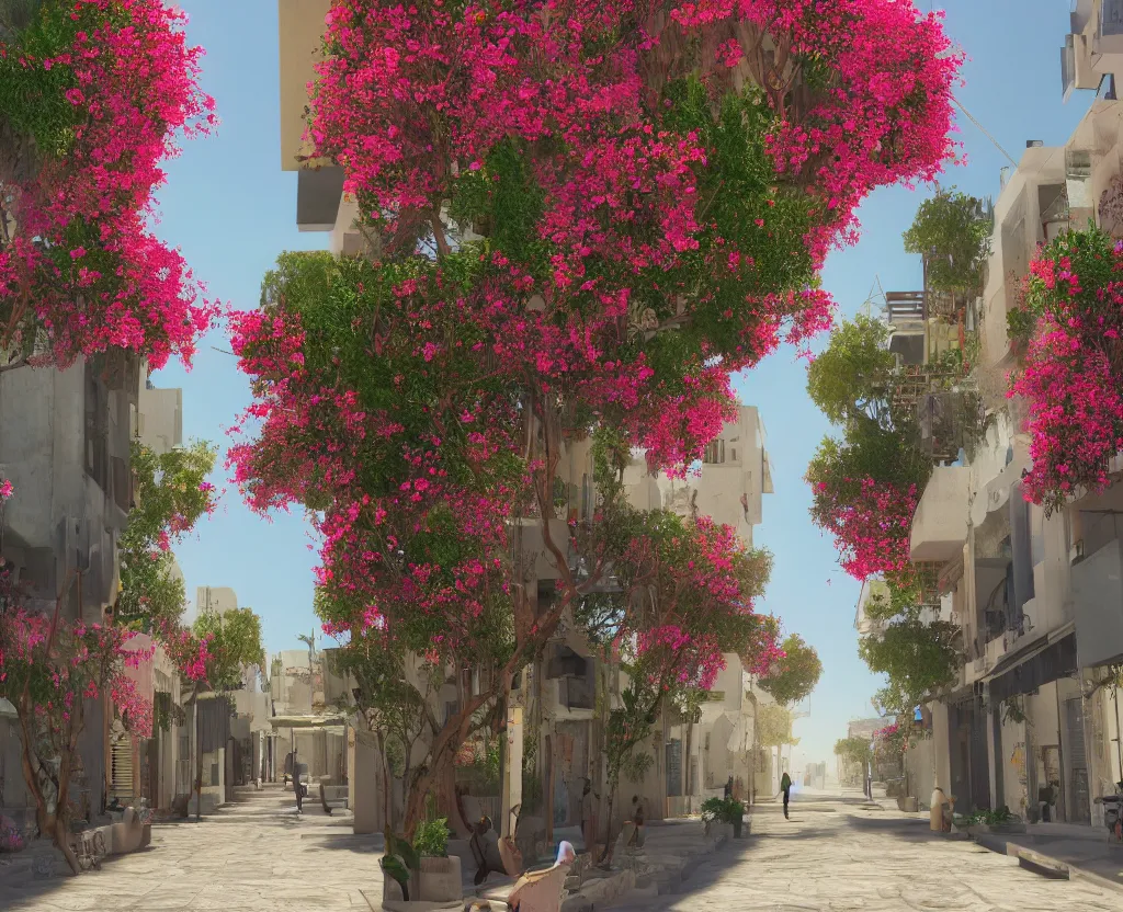 Image similar to a very beautiful scene, vfx render, small street in tel aviv, busy, shops, bauhaus, sunlight, happy, bougainvillea, hyperrealistic, 4 k. lovely scene. art. unreal engine.