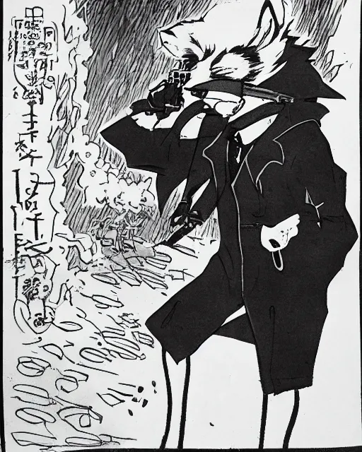 Image similar to a fox in a black trench - coat, smoking a cigarette in front of a huge explosion in the middle of a war, style of anime