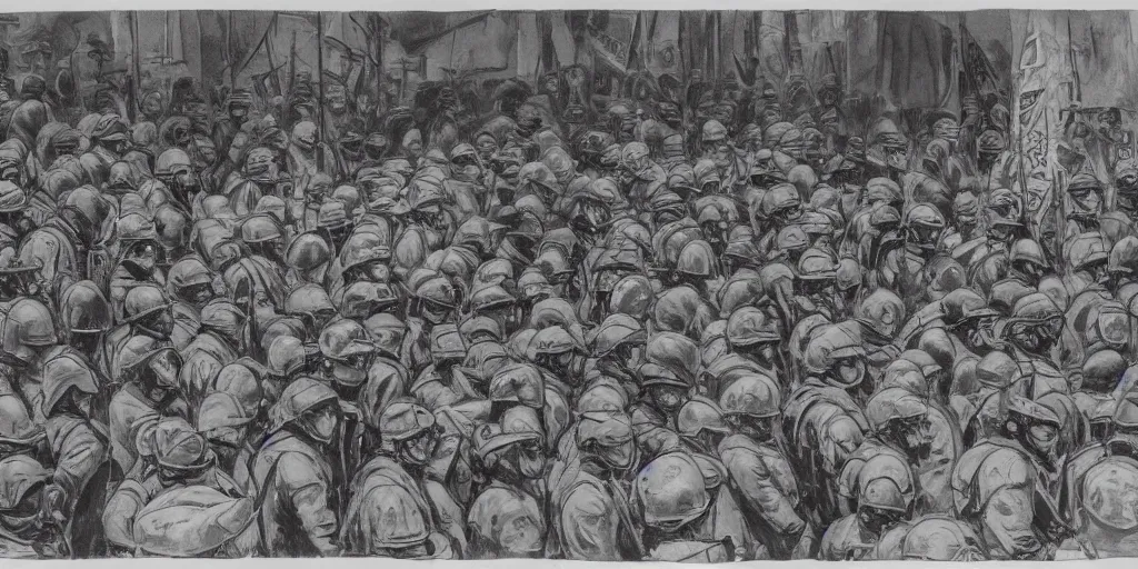 Image similar to few policemans lined up, standing against the protesters with blank posters, сlear sky, concept art, intricate details, highly professionally detailed,, highly detailed -