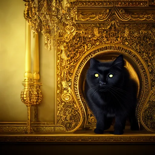 Prompt: black void cat with golden glowing eyes, fairytale, beautiful, intricate, elegant, ornate, super detailed, Octane render, reflections