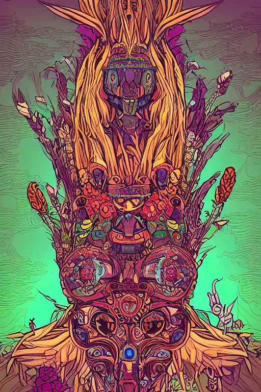 Image similar to animal mask totem roots flower tribal feather gemstone plant wood rock shaman vodoo video game vector cutout illustration vivid multicolor borderlands comics by josan gonzales and dan mumford radiating a glowing aura