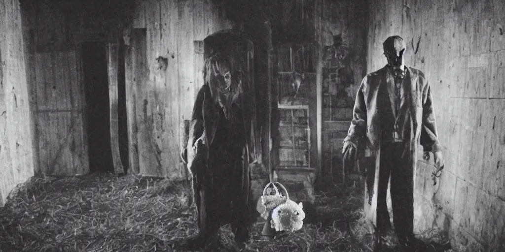 Image similar to film still of a horrid vampiric tall man hiding in a barnyard and clutching a doll, horror movie, eerie, creepy, grainy, dark, amazing lighting, great cinematography