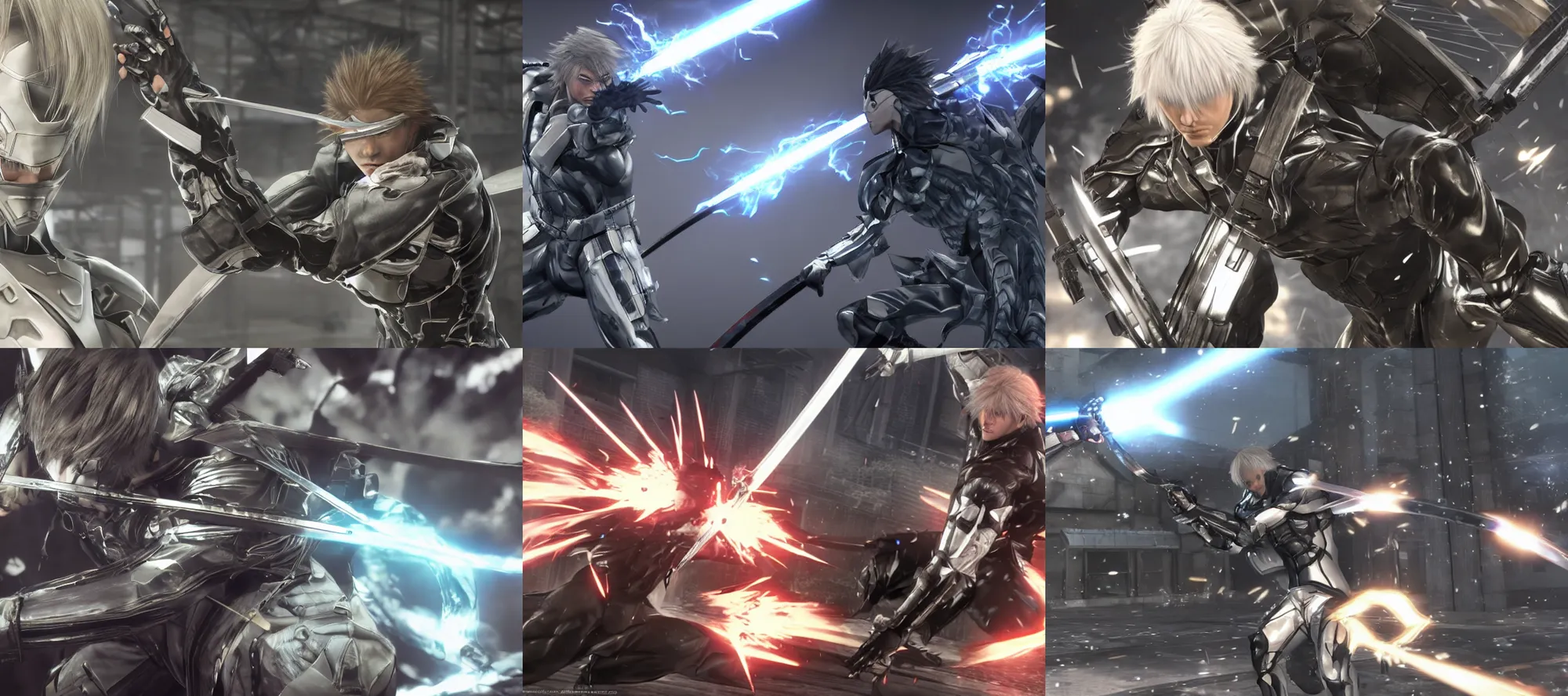 Prompt: Metal Gear Rising Raiden slices a character from the game genshin impact in two with his katana, 8K, UHD, photorealistic, shot on Canon R6.