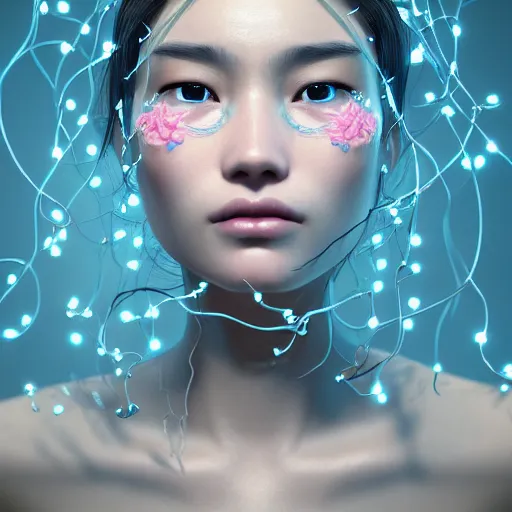 Image similar to intricate highly detailed face portrait of asian - european woman, light blue - pink water vines on her face, intricate, cgsociety, unreal engine, octane render, sharp focus, smooth, volumetric lighting, cinematic composition, artstation