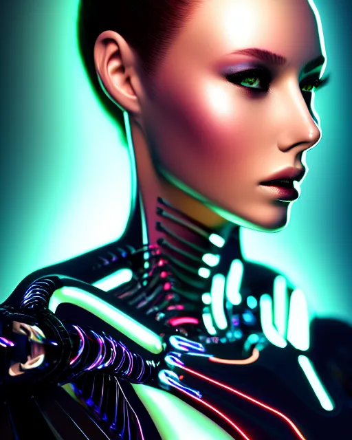 Image similar to fashion portrait, most beautiful girl in the world, glowing cybernetic augments, hyperrealism, year 2447, cdx