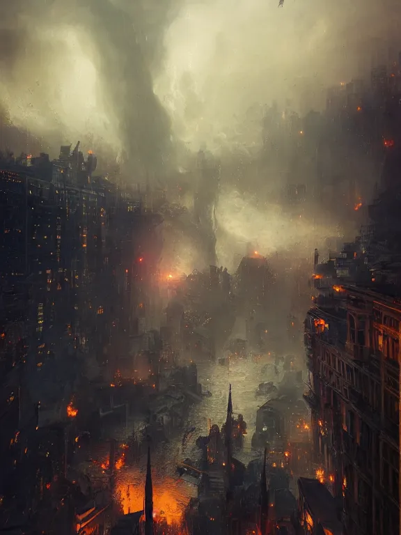 Image similar to photo of 8k ultra realistic burning city of London, heavy storm, rain, full of colour, cinematic lighting, battered, trending on artstation, 4k, hyperrealistic, focused, extreme details,unreal engine 5, cinematic, masterpiece, art by Peter Mohrbacher