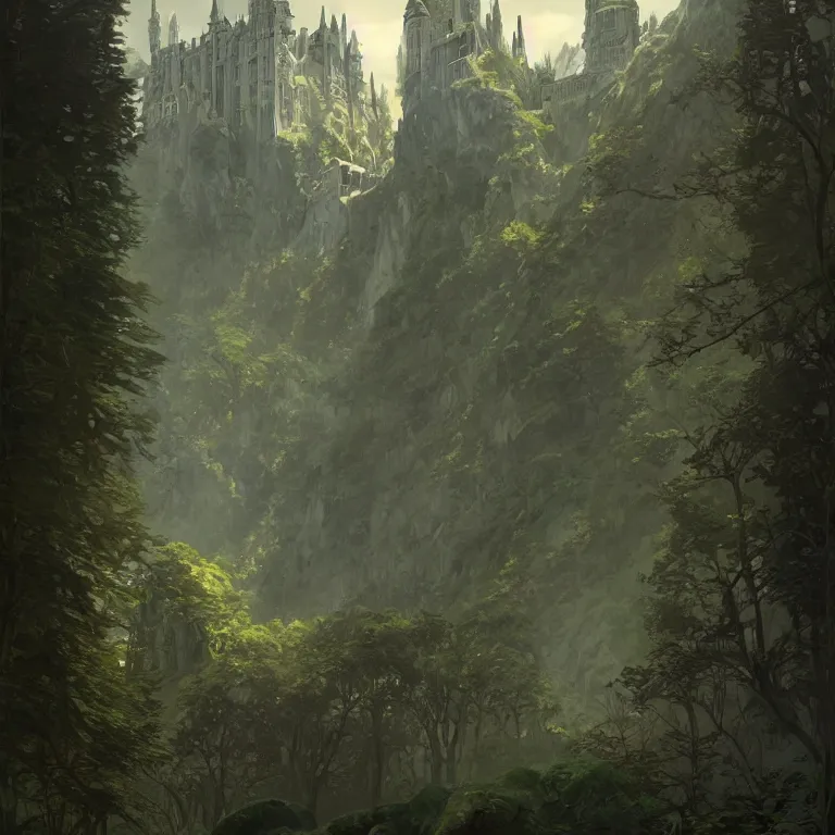 Prompt: digital art painting of tolkien inspired high castle with wizard towers and walls, elegant architecture on top of a green forest, artstation art by greg rutkowski and alphonse mucha