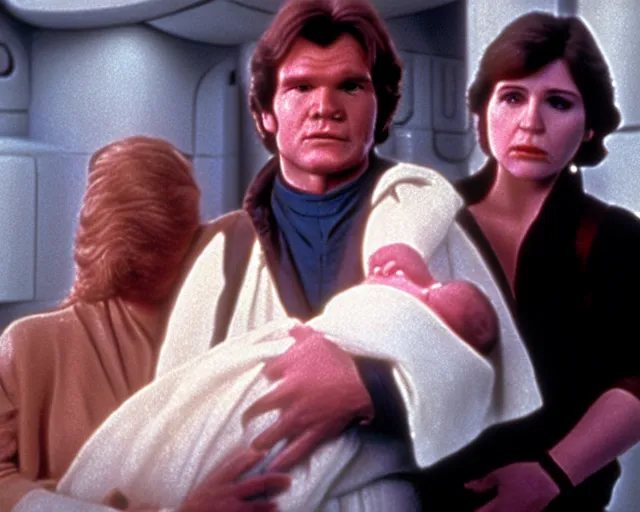 Image similar to screenshot of Han Solo standing next to Princess Leia Organa holding a new born baby in a swaddle, alone, pensive, iconic scene from 1980s Star Wars film directed by Ridley Scott, in a sci fi nursing home architecture, last jedi, 4k HD sharp, cinematic still frame, photoreal, detailed face, moody lighting, stunning cinematography, anamorphic lenses, kodak color film stock