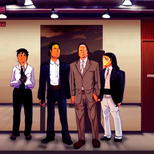 Image similar to Jetstream Sam, Omori, and Saul Goodman, standing next to Phoenix Wright, award-winning photograph, dramatic lighting